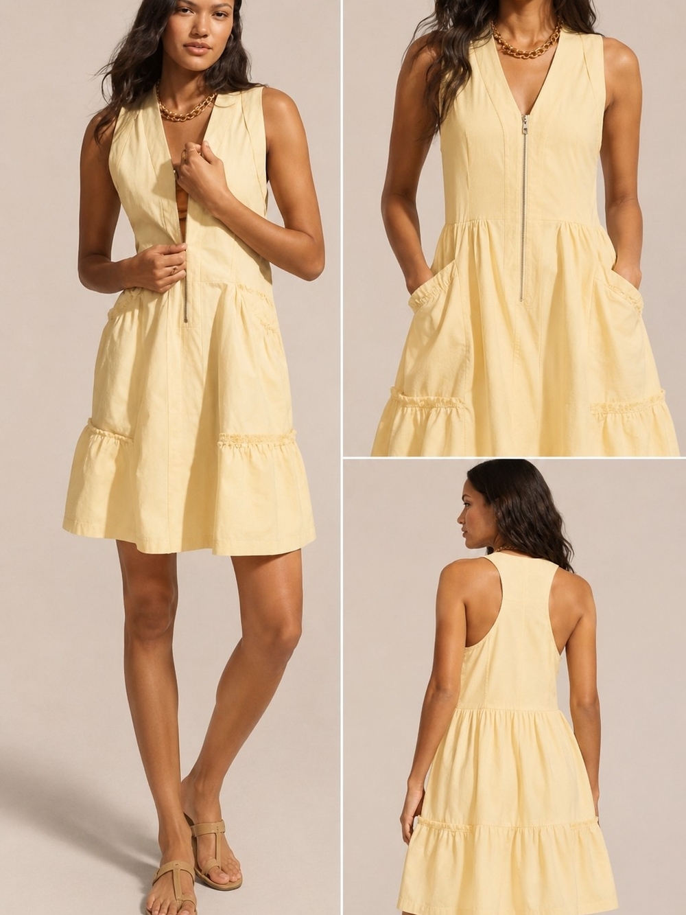 Anthropologie Daily Practice Pale Yellow Sleeveless Tiered Zip-Front Mini Dress